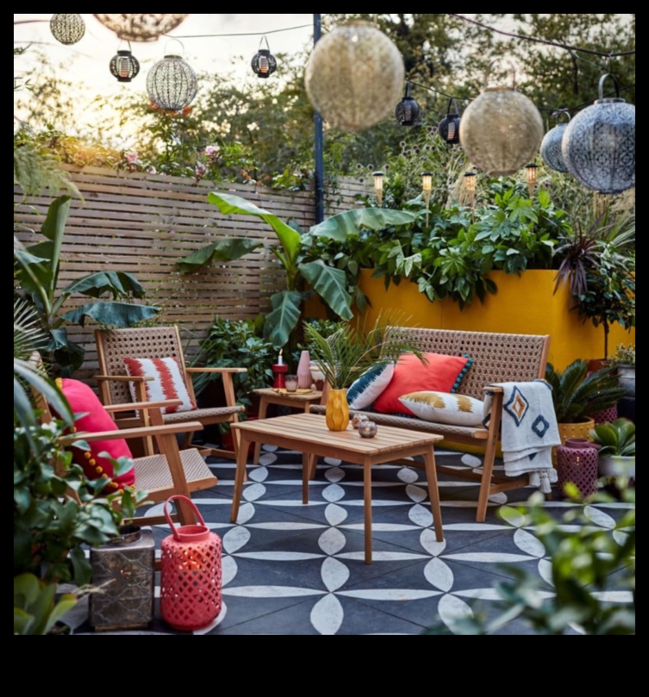 מהם כמה רעיונות אקלקטי לעיצוב פטיו חיצוני עם פופ של צבע?