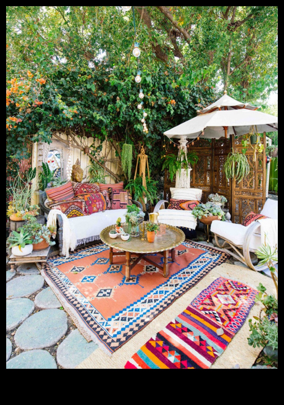 האם אתה יכול להציע רעיונות לעיצוב גינה חיצונית של בוהו שיק עם אדניות תלויות?