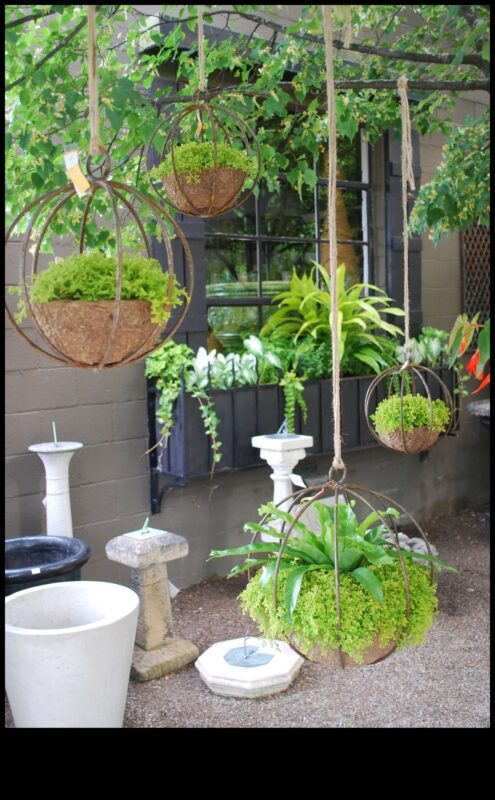 האם אתה יכול להציע רעיונות לעיצוב גינה חיצונית של בוהו שיק עם אדניות תלויות?